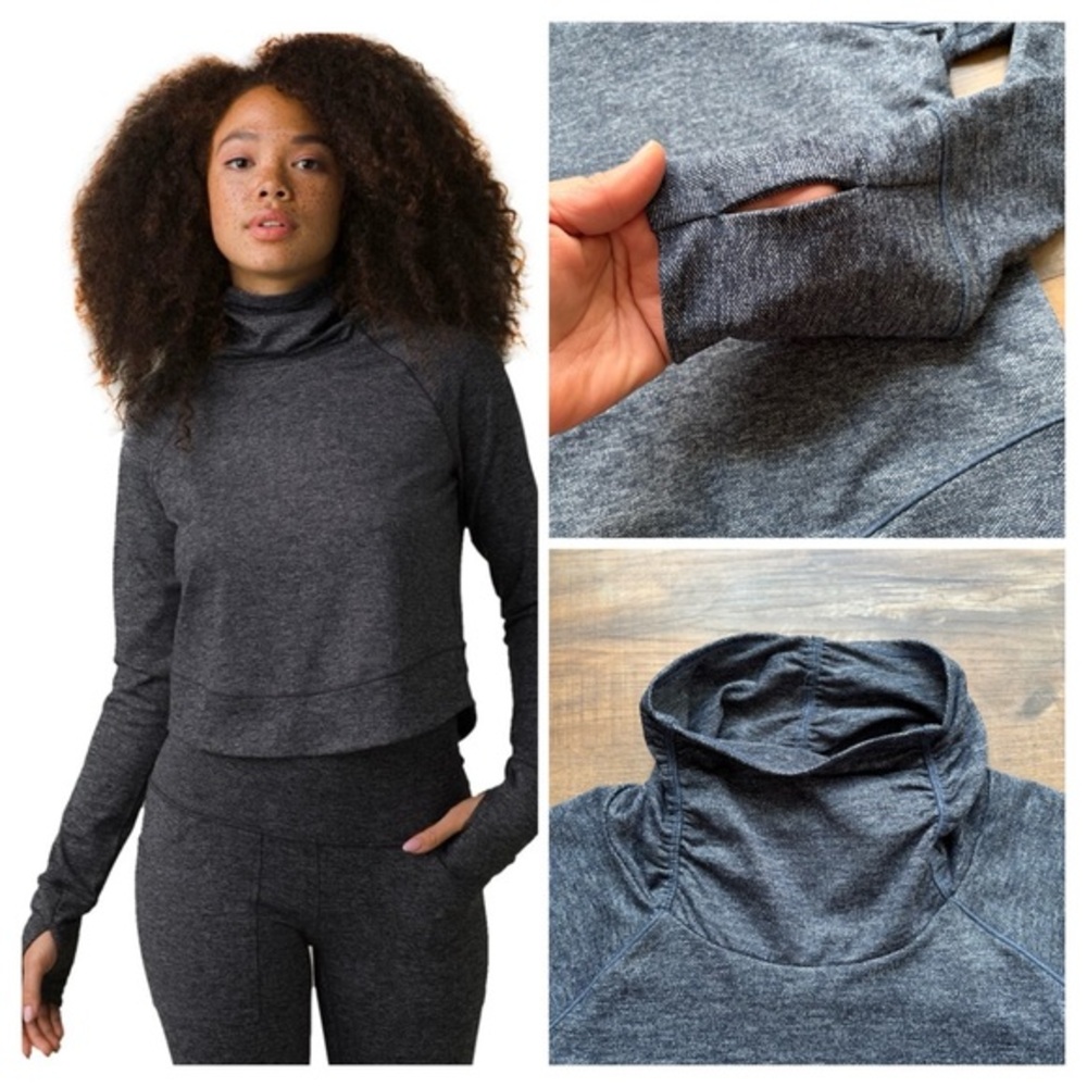 Prana Zawn Mock Neck Pullover Navy Herringbone Long Sleeve Crop Thumbhole Top XL